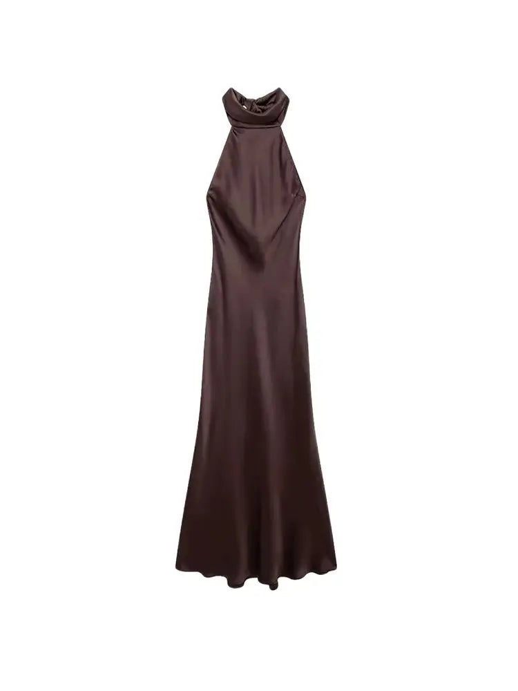 TRZA-Women's Long Satin Halter Dress, Backless, Bow Tied, Back Zipper, Female Dresses, Sexy Fashion - Smarsty