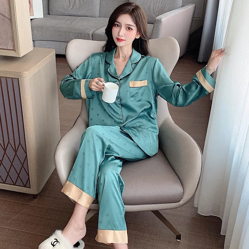 Top Autumn New Ice Silk Women Pajama Lapel Button Cardigan Outfits for Women 2 Piece Set Fashion Printing Set Clothes for Women - Smarsty