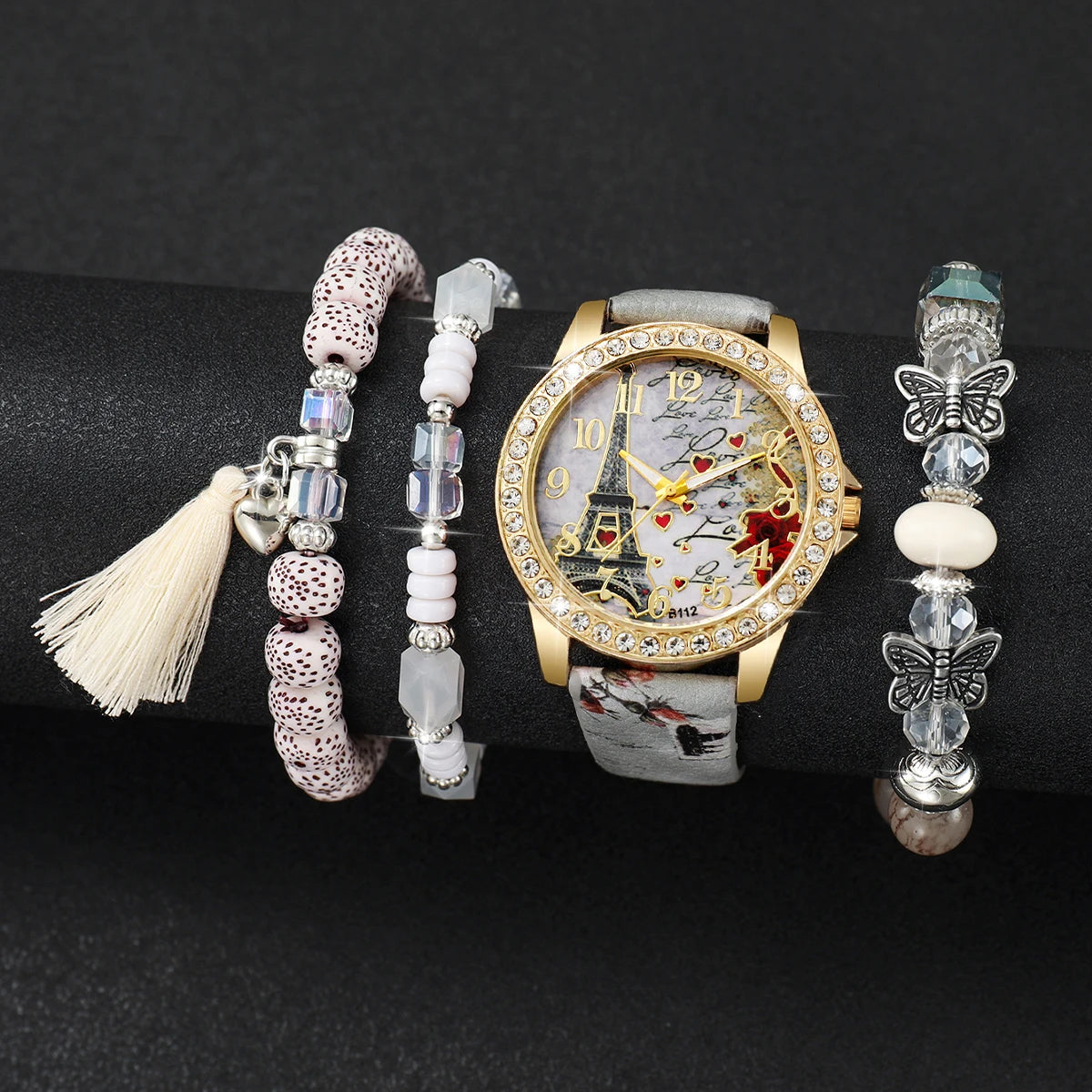 Fashion Rhinestone Women's Quartz Watch Set with Floral Design - Smarsty