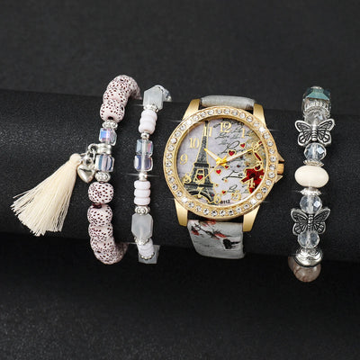 Fashion Rhinestone Women's Quartz Watch Set with Floral Design - Smarsty