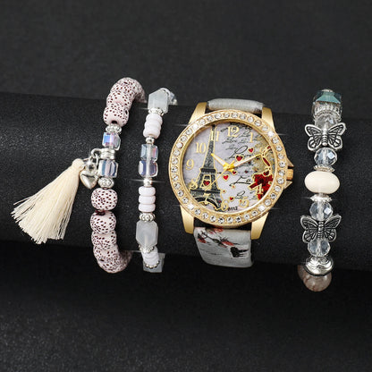 Fashion Rhinestone Women's Quartz Watch Set with Floral Design - Smarsty
