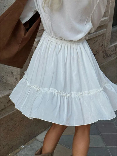 Tossy Ruffled V-Neck White Mini Dress Female Patchwork Long Sleeve Elegant Bandage Fashion Dress High Waist Lace-Up Women Dress - Smarsty