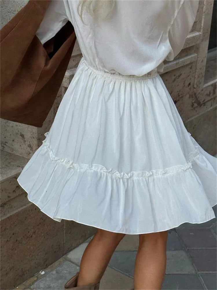 Tossy Ruffled V-Neck White Mini Dress Female Patchwork Long Sleeve Elegant Bandage Fashion Dress High Waist Lace-Up Women Dress - Smarsty