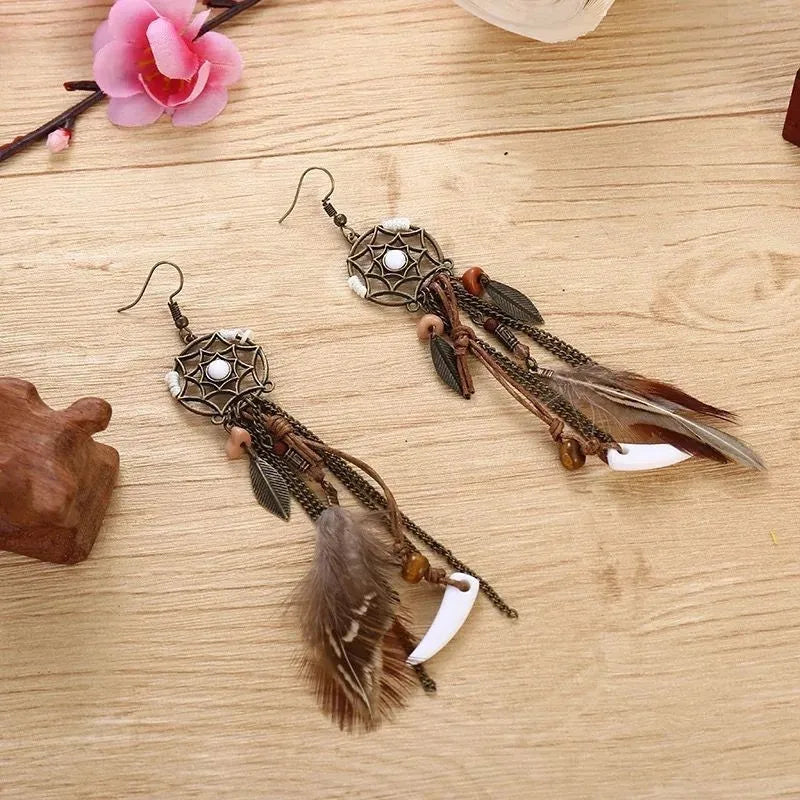 Boho Vintage Dream Catcher Earrings with Long Tassels for Women - Smarsty