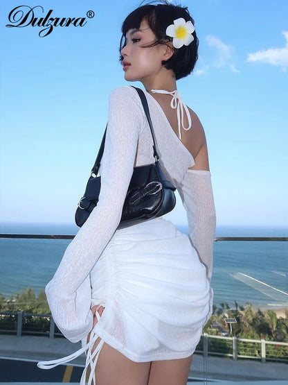 Dulzura Solid Skew Collar Ruched Straps Lace-Up See Through Draw String Mini Dress 2023 Summer  Women Party Clubwear Wholesale - Smarsty