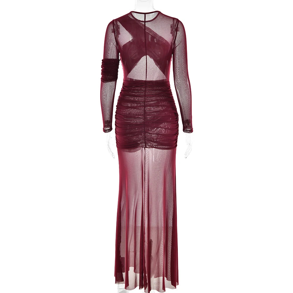 Articat Elegant Mesh Patchwork Long Sleeve Bodycon Party Club Evening Dress Sexy Double Layer Perspective Vestido Autum Clothing - Smarsty