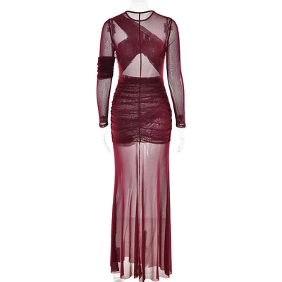 Articat Elegant Mesh Patchwork Long Sleeve Bodycon Party Club Evening Dress Sexy Double Layer Perspective Vestido Autum Clothing - Smarsty