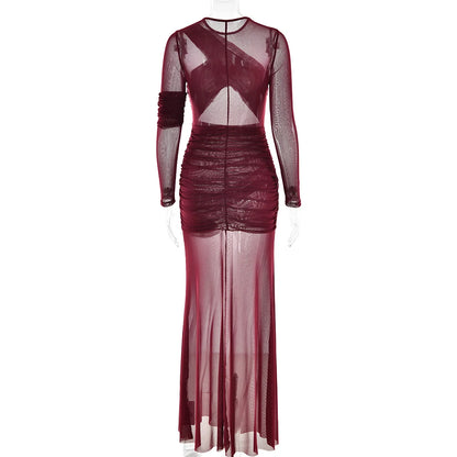 Articat Elegant Mesh Patchwork Long Sleeve Bodycon Party Club Evening Dress Sexy Double Layer Perspective Vestido Autum Clothing - Smarsty