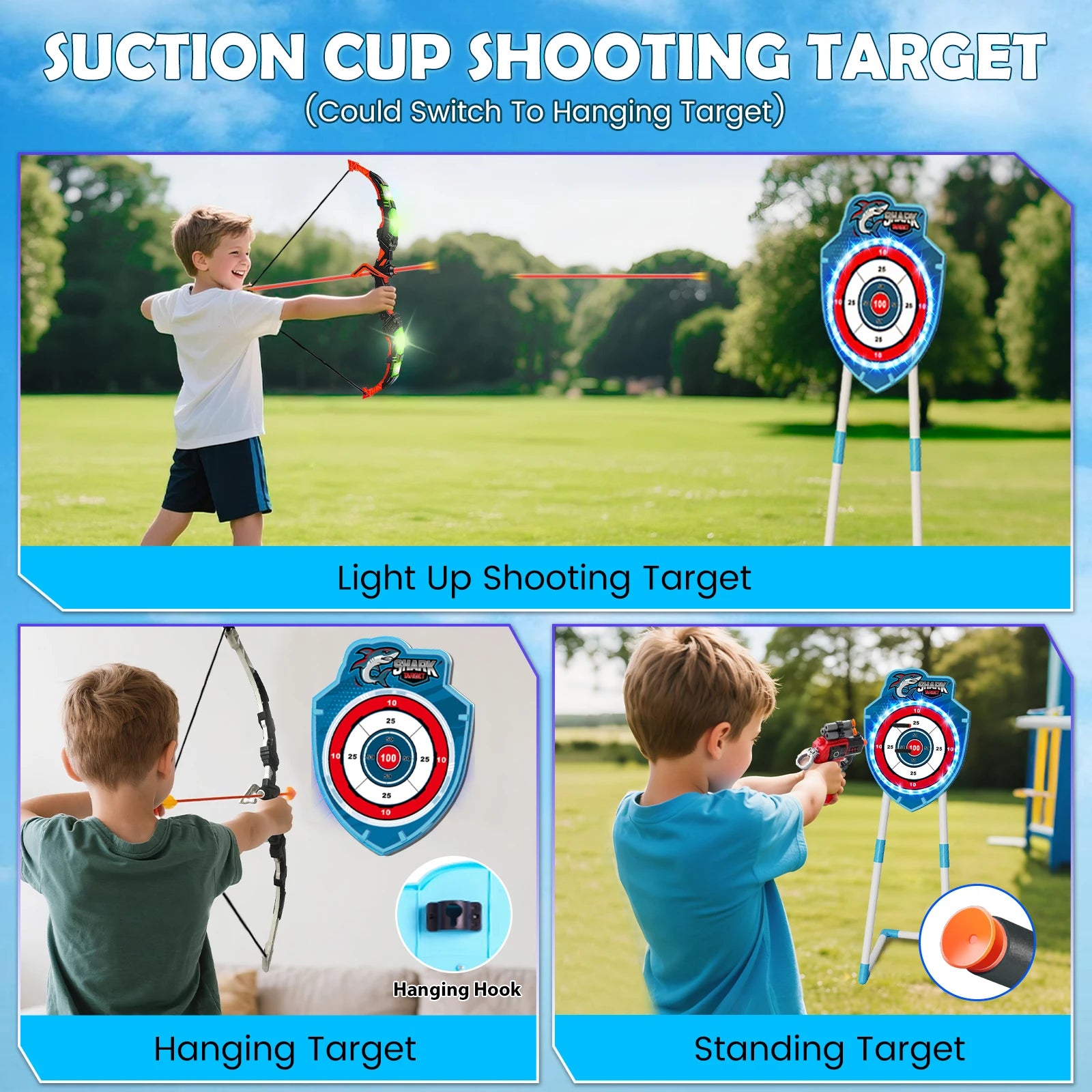 VATOS Night-Light Bow Arrow Guns Toy For Kids Archery Stand Target Board Indoor Outdoor Game Toys Boys Girls Christmas Gift