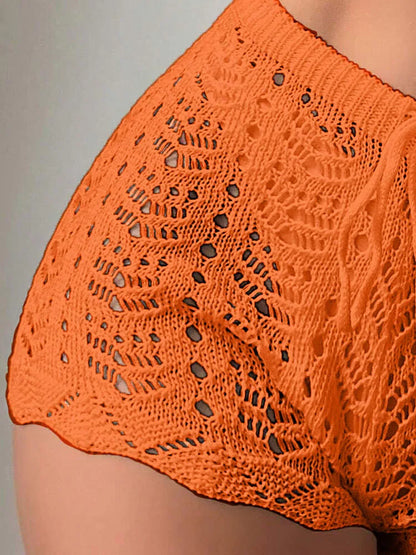 Polyester100.00% Hollow Drawstring Open Waist Knitted Bikini Blocked Women's Shorts - Smarsty