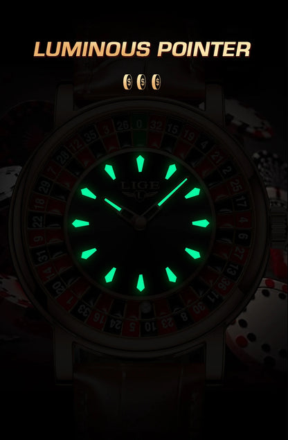 LIGE Waterproof Brown Leather Men's Roulette Watch - Smarsty