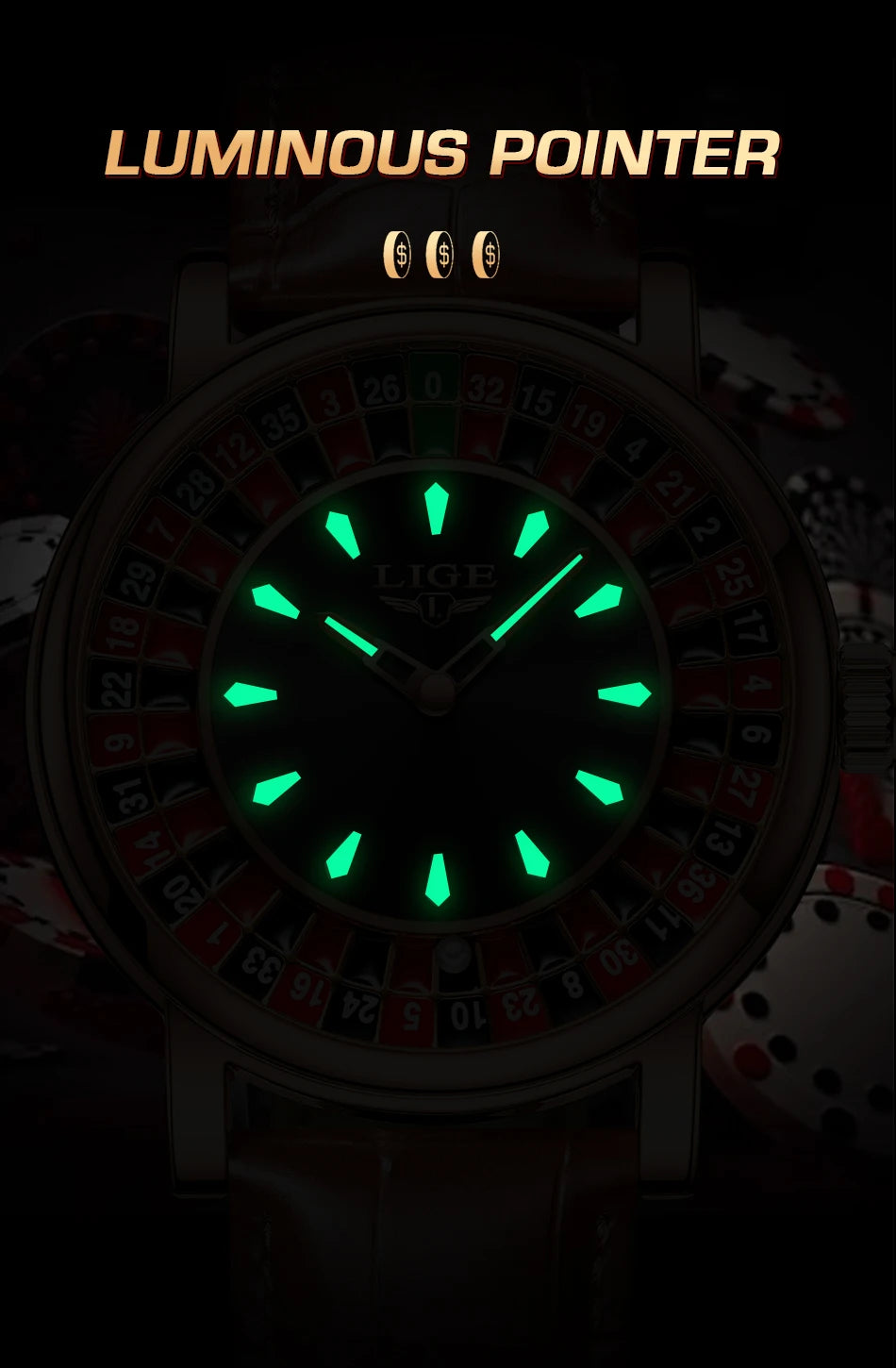 LIGE Waterproof Brown Leather Men's Roulette Watch - Smarsty