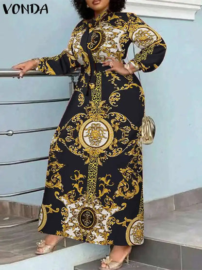 VONDA Maxi Dress 2024 Summer Women Bohemian Printed Party Sundress Long Sleeve Stand Collar Casual Robe Holiday Vestidos Belted - Smarsty