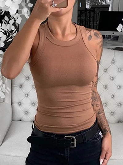 Women Solid Round Neck Ribbed Tank Top Camisole Women Summer Basic Elastic Tank Top O Neck Solid Tank Top - Smarsty