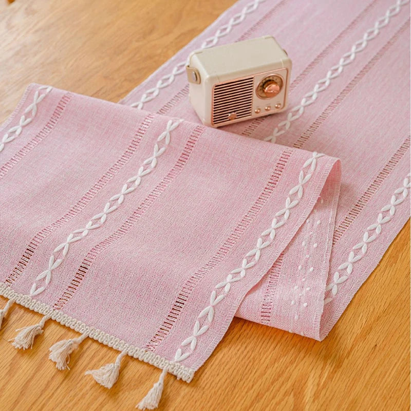 Boho Green Table Runner with Rustic Tassels - Smarsty