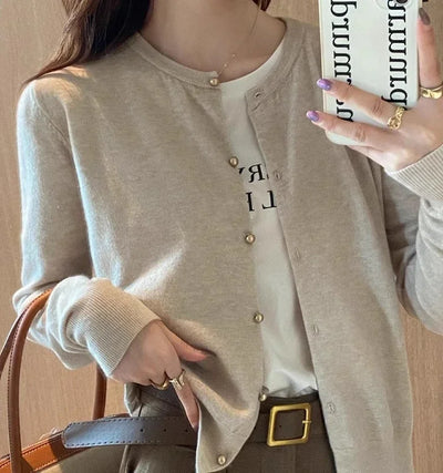 Solid Color Knitted for Women Cardigan Korean Single Breasted Long Sleeve Jumper Woman Round Neck All Match Cardigans Outwear - Smarsty