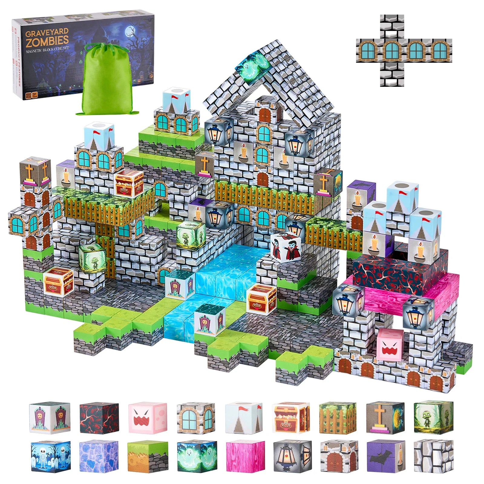 SucceBuy 100PCS Magnetic Blocks Cemetery Zombies Set Magnetic Building Cubes Construction Stacking Toys for Kids Birthday Gift