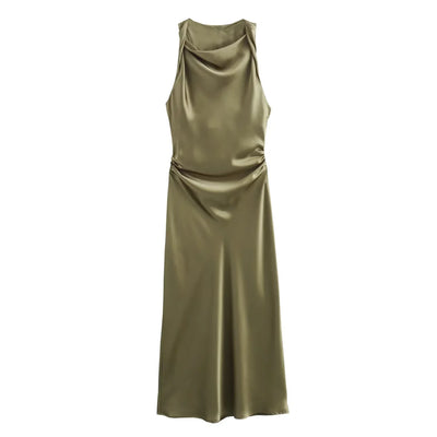 TRAF Satin Long Dresses for Women 2024 Summer Slip Midi Dress Woman Sexy Evening Party Dress Sleeveless Female Elegant Dresses - Smarsty