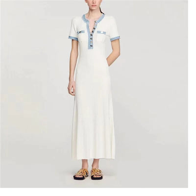Elegant Contrasting Women Knit Maxi Dress Chic O-neck Short Sleeve Metal Buttons Bodycon Dresses Office Lady Commuting Robe - Smarsty