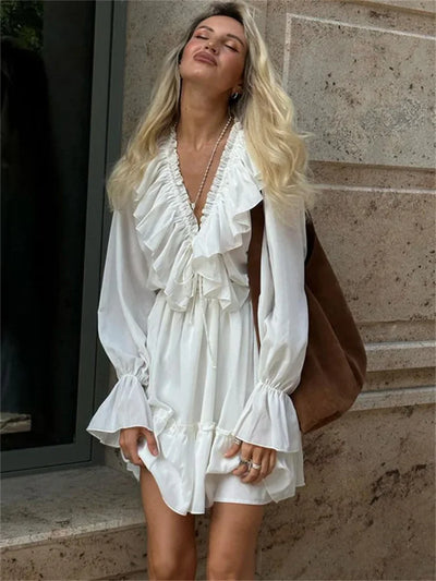 Talenza White Ruffle Bandage Mini Dress Women's Elegant Patchwork Long Sleeve Dress New Slim V Neck Lace Up Summer Mini Dress - Smarsty
