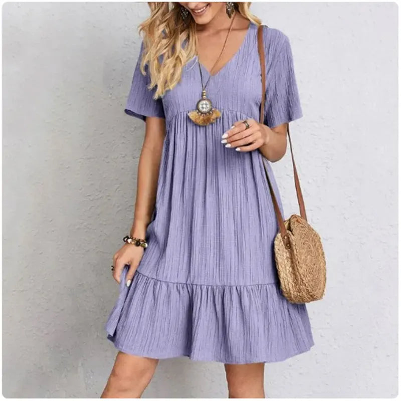 Women Summer Peplum Dresses Spring V-Neck Short Sleeve Loose Waist Ruffle Fit Flare Vocation Dresses - Smarsty