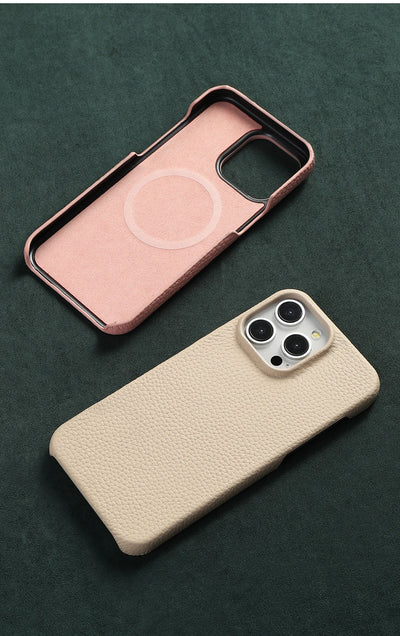 MagSafe Leather Case Natural Cowhide Lychee Finish Premium for iPhone 15, 16, 17 - Smarsty