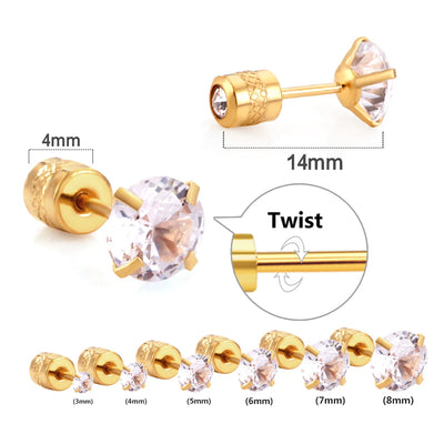 Stainless Steel CZ Stud Earrings Hypoallergenic Screw - Smarsty