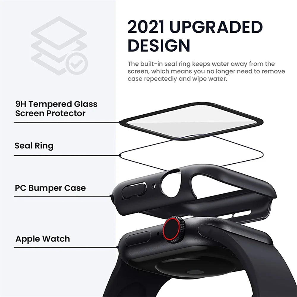 Tempered Glass+Case For Apple Watch 38mm 40mm 41mm 42mm 44mm 45mm 46mm Screen Protector Protective Cover iWatch 10 8 7 9 6 SE 5 - Smarsty