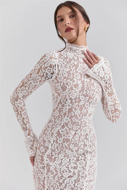 Mozision Lace Long Sleeve Sexy Midi Dress For Women Elegant White Half High Collar High Waist Bodycon Club Party Sexy Long Dress - Smarsty