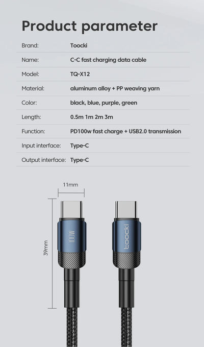 Toocki 60W/100W Type C to USB C Cable PD 3.0 Quick Charge Fast Charging Type C to Type C For Huawei Xiaomi Samsung Laptop - Smarsty