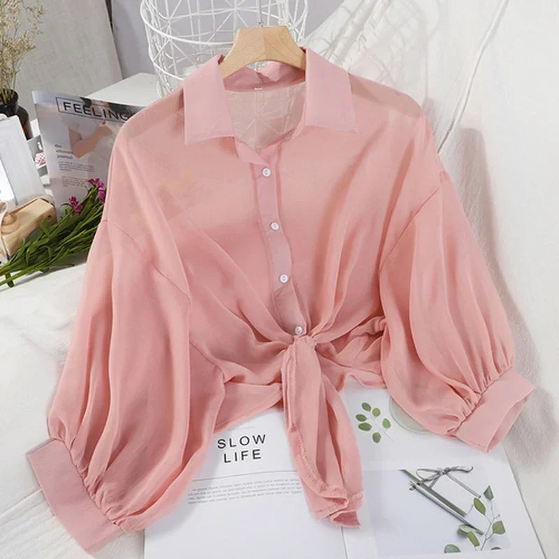 Casual Loose Hollow White Clothes Elegant Solid Color Tied Waist Blouse Women Summer Bat Half Sleeve Button Chiffon Shirt - Smarsty