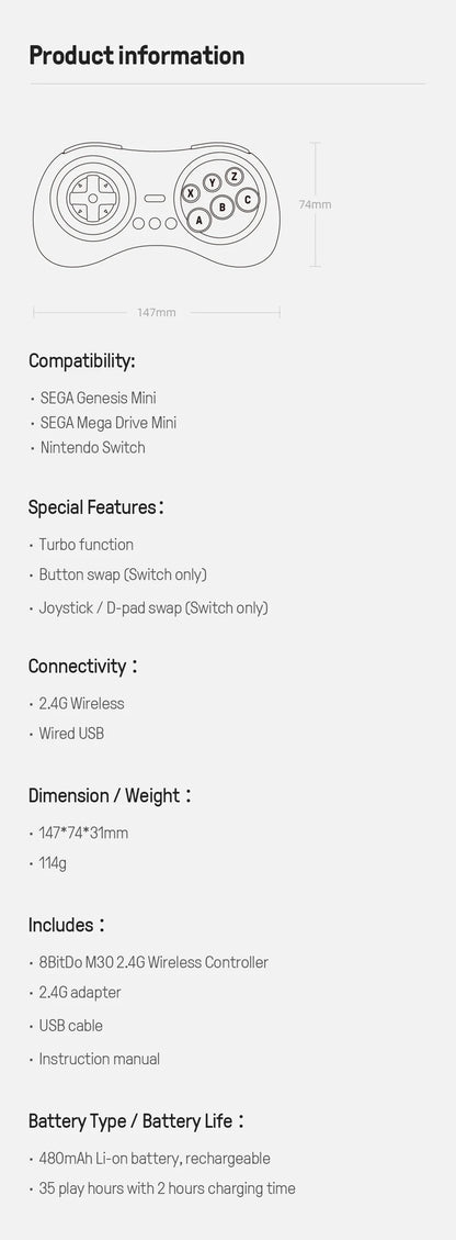 8Bitdo M30 Wireless Gamepad for Sega Genesis Mini - Smarsty