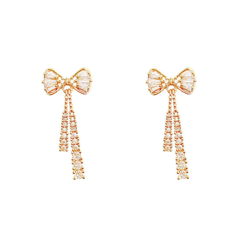 Trendy Zircon Bow Earrings with Crystal Tassel for Women - Smarsty