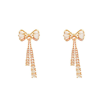 Trendy Zircon Bow Earrings with Crystal Tassel for Women - Smarsty