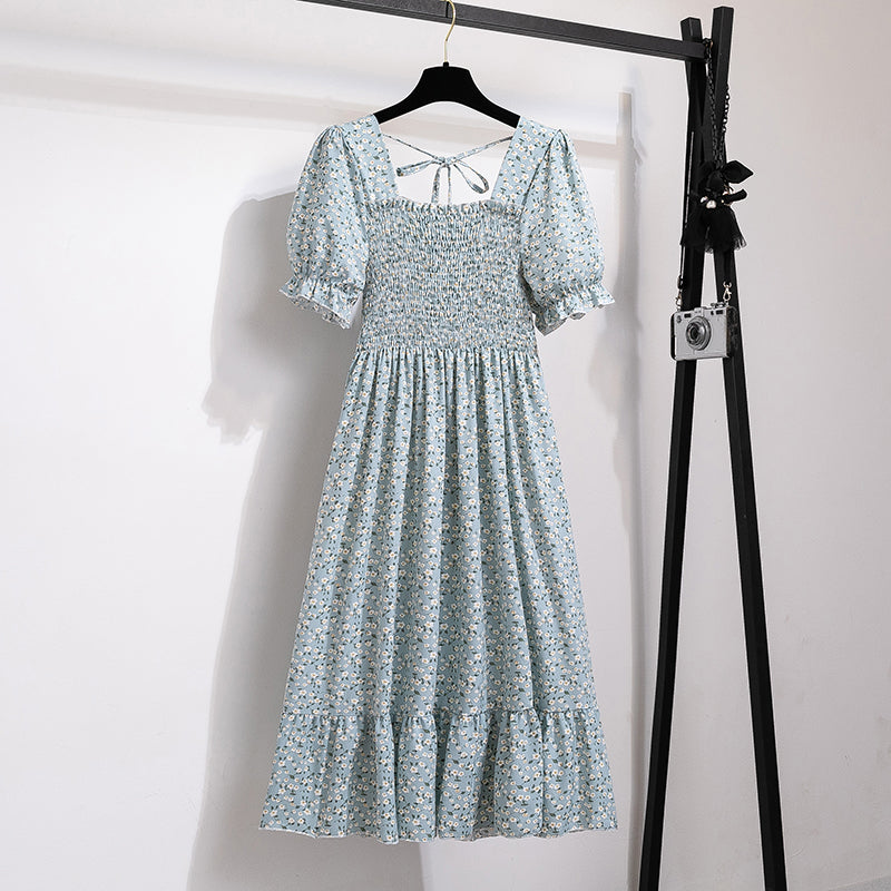 Summer Pleated Women Chiffon Dresses Casual Beach Holiday Short Sleeve Square Collar Woman Midi Dress Bohemian Mujer Vestidos - Smarsty