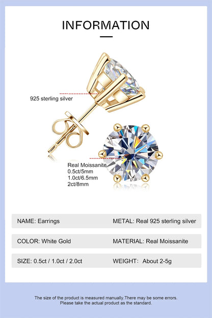 Moissanite Stud Earrings 0.5-2ct 18K Gold Plated Luxury - Smarsty
