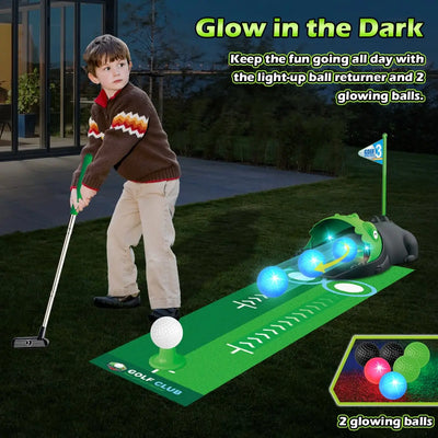 Kids Toy Golf Club Set with  LED Automatic Ball Returner, Golf Putting Mat Toddler Mini Golf Game Sports Gift for 3+  Boys Girls