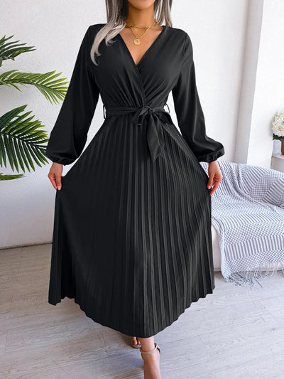 Women Elegant V Neck Long Sleeve Pleated Maxi Dress - Smarsty