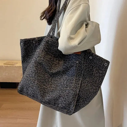 Leopard Pattern Tote Bag Vintage Canvas With Large Capacity - Smarsty