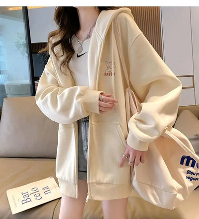 Women Embroidery Print Sporty Chic Hoodies Casual Zip Up Long Sleeve Loose Jacket Coats Harajuku Hooded Sweatshirts Streetwear - Smarsty