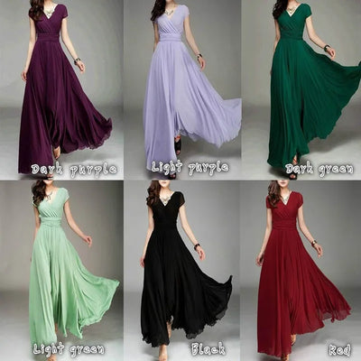 Women's Short-Sleeved Chiffon Evening Dress, Female Party Dress, Monochromatic, Bohemian, Long, Elegant, New, 2022 - Smarsty