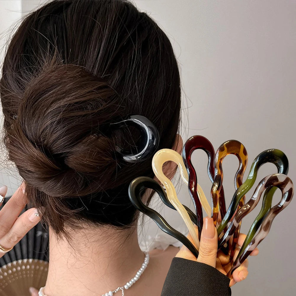 U-Shaped Hair Fork Fashion Tortoiseshell Acetate Acrylic Hairpin Geometric Headwear Hair Sticks Women Girls Hair Accessories - Smarsty