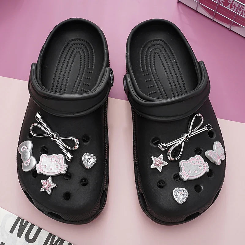 MINISO Hello Kitty Shoe Charms Set Silver Katie KT Cat Girls Women Sandals Accessories Hole Shoes Slippers & Clogs Decoration