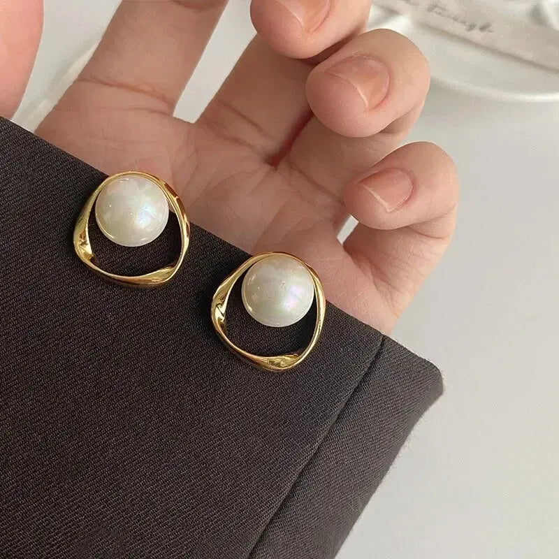 Imitation Pearl Earrings Gold Round Stud For Women Fashion - Smarsty