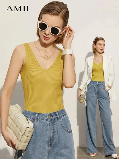 Amii Minimalism Summer New Women's Camisole Tops Office Lady Solid V-neck Sexy Slim Vest Girls Tank Streetwear Tops 12321058 - Smarsty