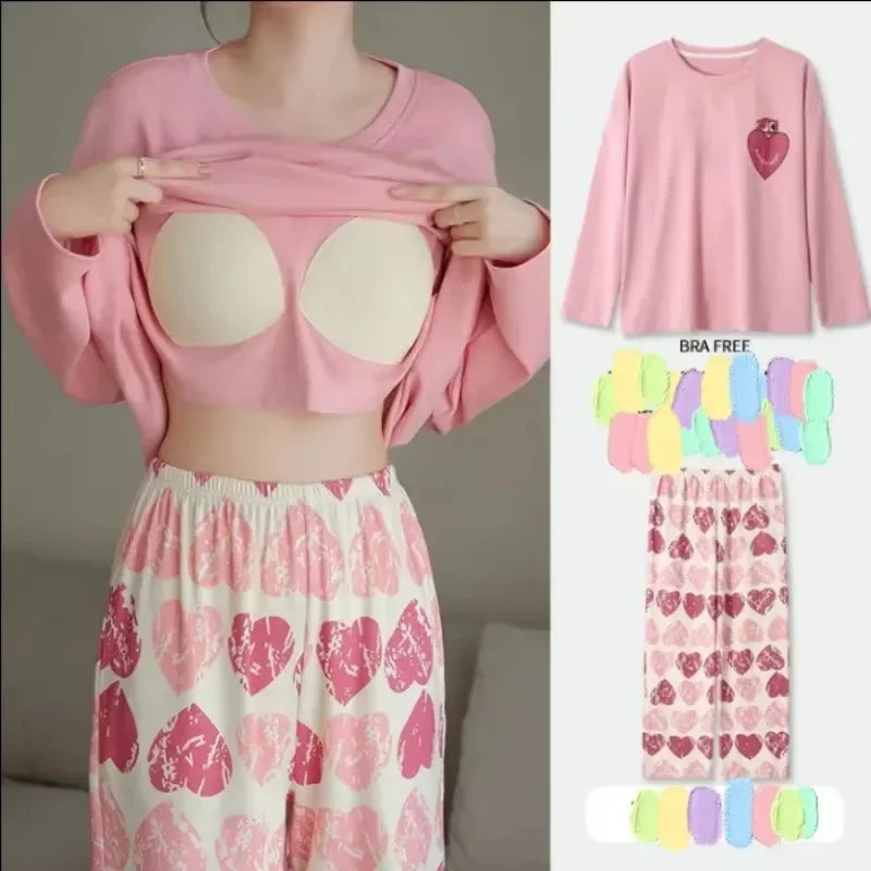 2PCS/Set Women Big Size with Chest Pads Pajamas Spring Autumn and Winter Long-Sleeved Headset Loose Homewear Can Be Worn Outside - Smarsty