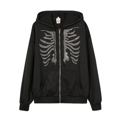 Y2K Rhinestone Skeleton Hoodies Women Gothic Black Zip Up Oversized Sweatshirts Female Retro Harajuku Hooded Jacket Streetwear - Smarsty