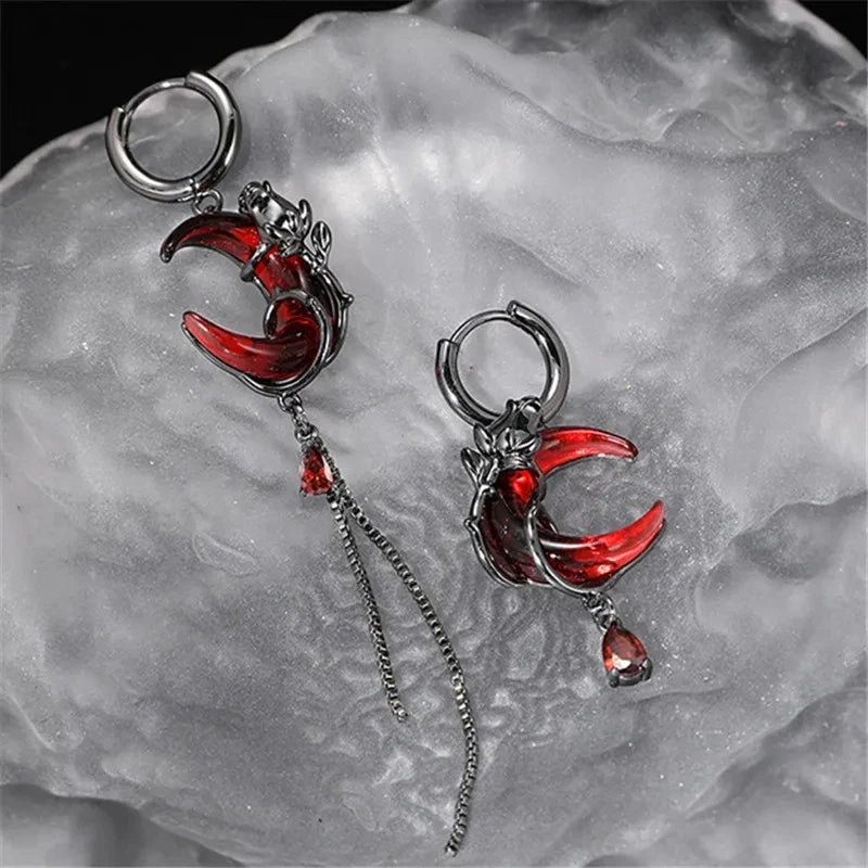 Asymmetrical Red Moon Rose Drop Earrings for Women Stylish Jewelry - Smarsty