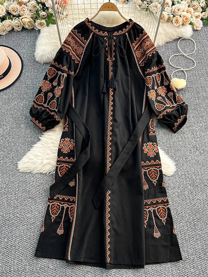Bohemian Retro Ethnic Style Dress Women's New Spring Autumn Embroidered Lace Up Lantern Sleeves Waist Cinching Long Dress A155 - Smarsty