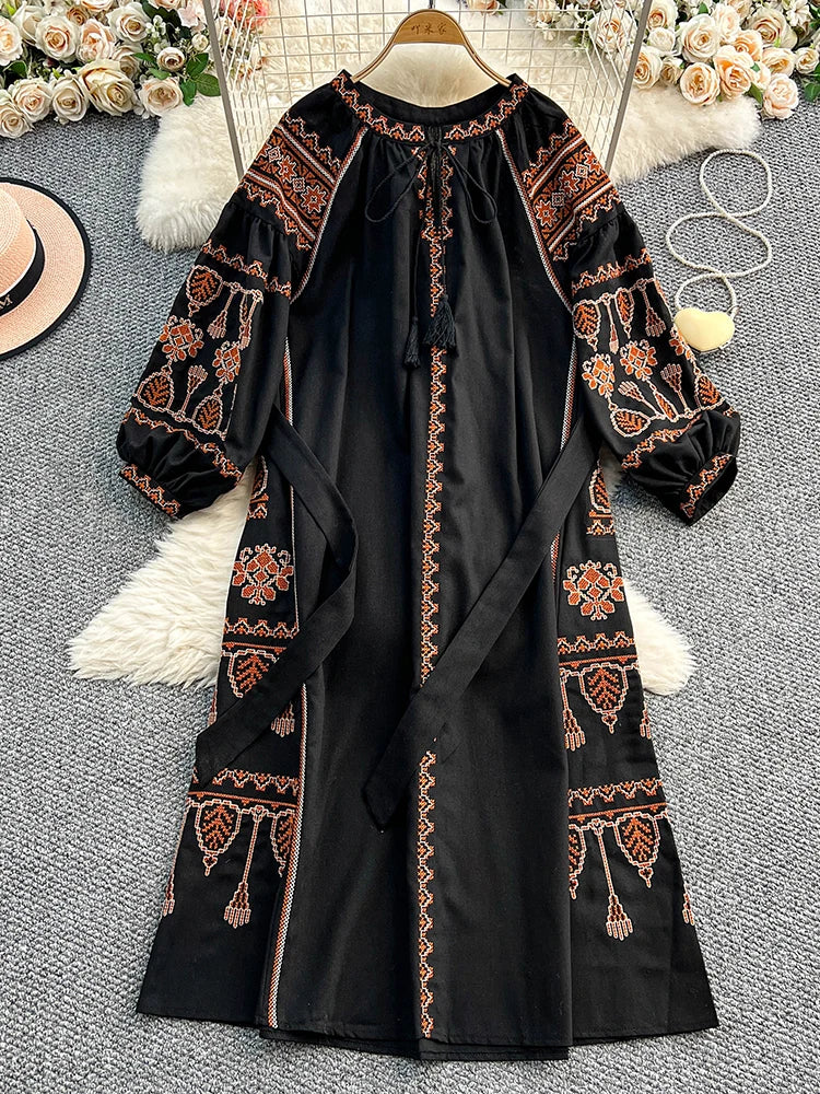 Bohemian Retro Ethnic Style Dress Women's New Spring Autumn Embroidered Lace Up Lantern Sleeves Waist Cinching Long Dress A155 - Smarsty